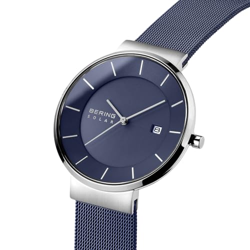 BERING 14639-307 Reloj solar para hombre con caja de acero inoxidable plateado de 39 mm y esfera azul, correa milanesa, cristal de zafiro y resistencia al agua de 5 ATM