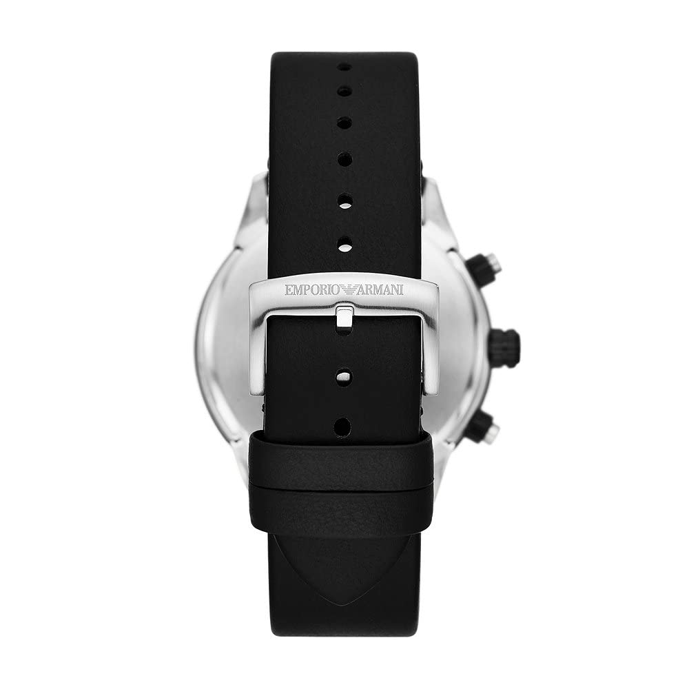 Emporio Armani Reloj Hombre, Movimiento cronógrafo, 43MM Caja de acero inoxidable plateado con correa de piel, AR11522, Negro y azul