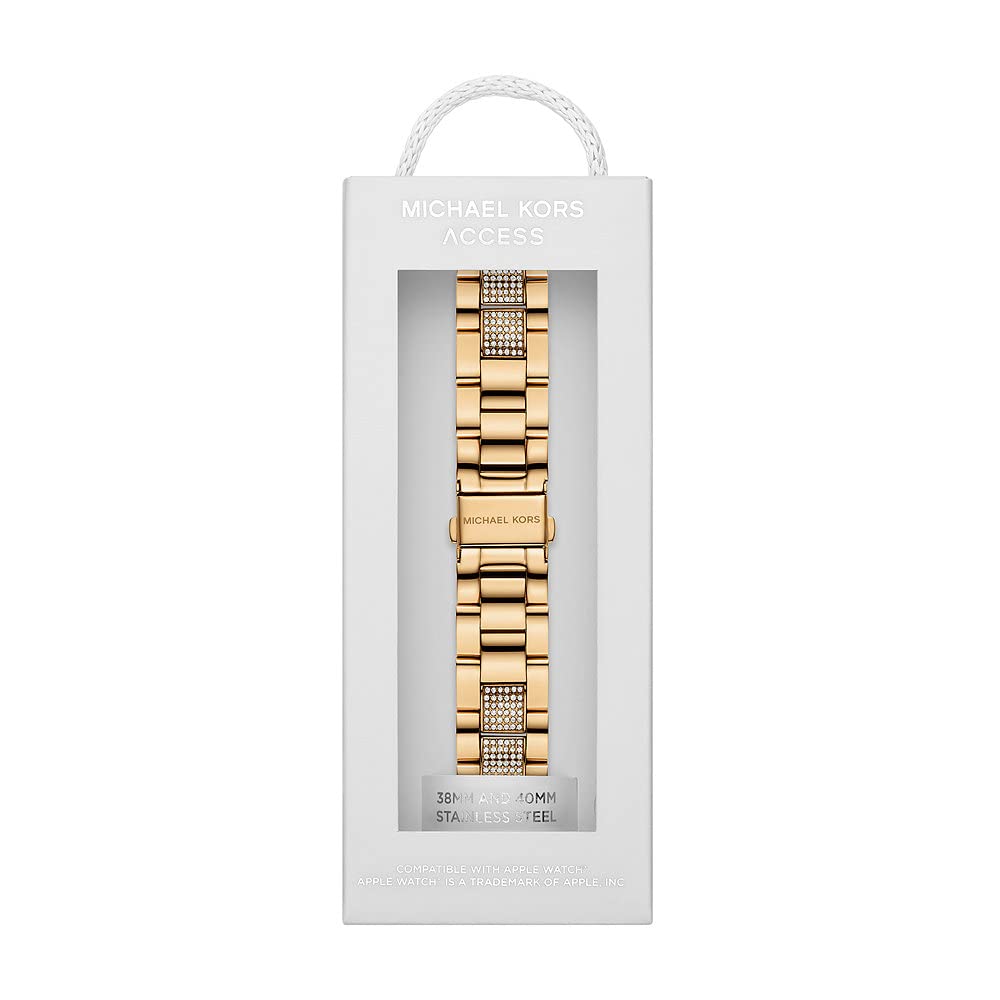 Michael Kors Correa de acero inoxidable o acetato para mujer, compatible con Apple Watch de 38 mm/40 mm/41 mm, Tono dorado y marrón