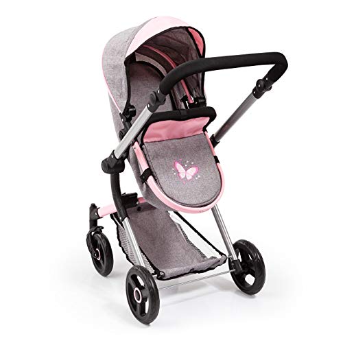 Bayer Design- Cochecito de Muñecas Neo Vario Combolso Cambiador, Convertible, Plegable, Color Vaqueros Grises, Rosa, Mariposa (18433Aa)