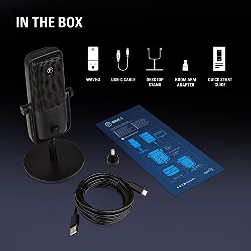 Elgato Wave:3 - Micrófono condensador USB profesional prémium para streaming, podcasts, juegos, oficina en casa, software mezclador gratis, plugins de efectos, antidistorsión, plug n play, Mac, PC