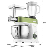 Sencor - Robot pastelero multifuncional, robot de cocina potente, motor 1200 W, con iluminación LED, 6 velocidades, puls y 2 programas NutriSmart, kit de accesorios completos - verde 3780