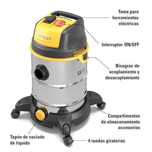 Stanley Aspirador Multiuso SXVC30XTDE de sólidos y líquidos con Toma para Herramientas eléctricas integrada (1600 W, 30 L)