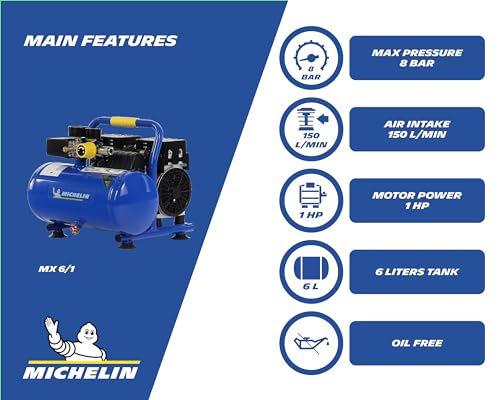 MICHELIN Compresor de aire portátil silencioso MX 6/1, compresor de aire exento de aceite, presión máxima 8 bar, potencia 1 CV, depósito de 6 litros, ruido 58 dB LpA