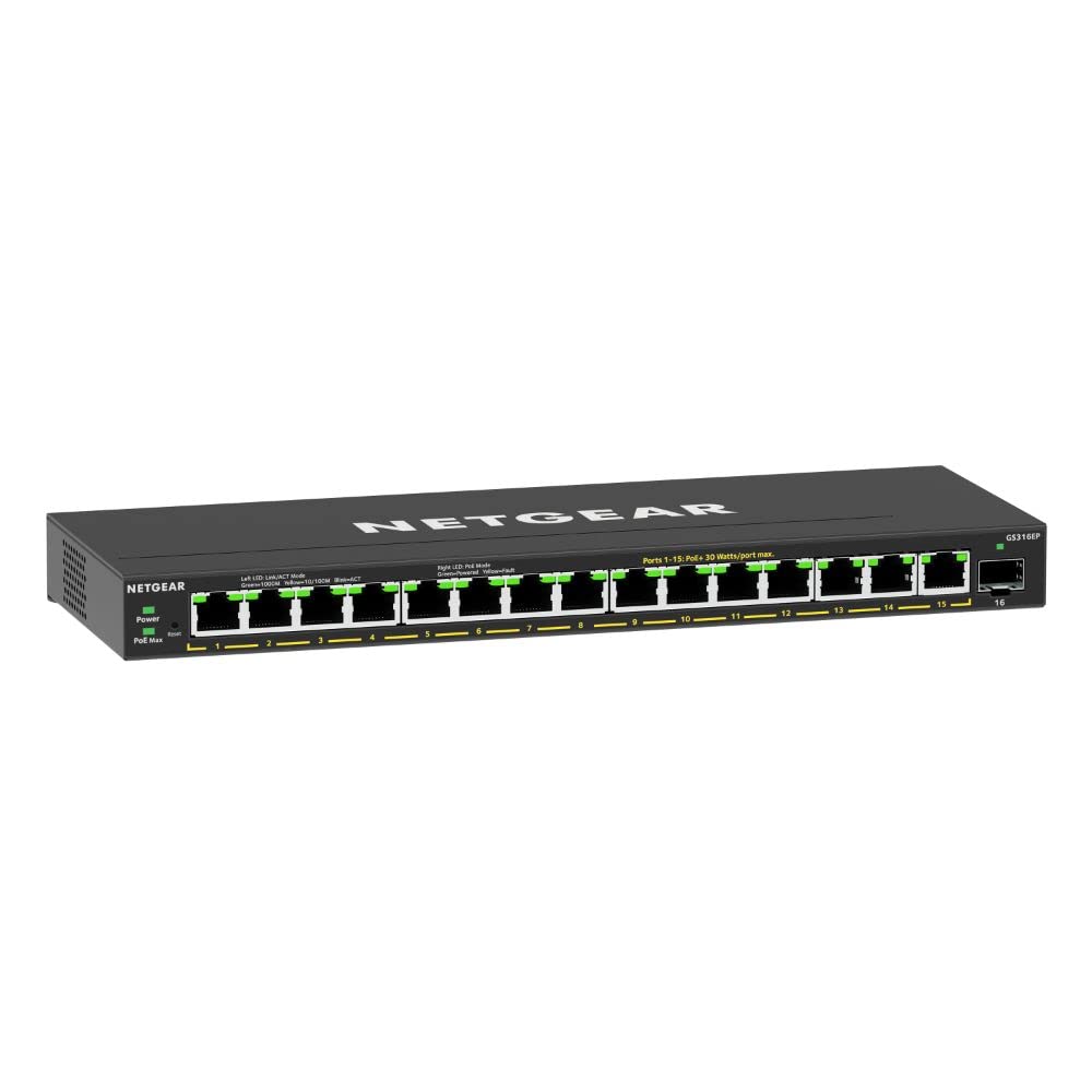 NETGEAR Switch Gigabit Ethernet | PoE Plus 16 Puertos GS316EP | Switch Gigabit Ethernet con 15 Puertos PoE+ a 180 W, 1 Puerto SFP de 1G, Montaje de sobremesa o en Pared