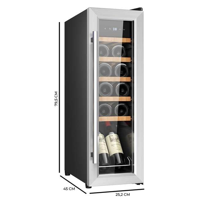 Cecotec Vinoteca Libre Instalación Bolero GrandSommelier 1250 CoolWood. Nevera para vinos con capacidad para 12 botellas, temperatura ajustable de 8-18ºC, LED y estantes de madera.