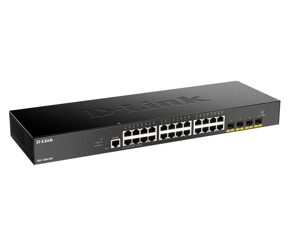 D-Link DGS-1250-28X - Switch 28 Puertos Gigabit Gestionable con UpLink a 10Gbps, Layer 2 y Layer 3 Lite (24x 10/100/1000BASE-T, 4X 10G uplink SFP+ y 1x Consola RJ-45), Negro