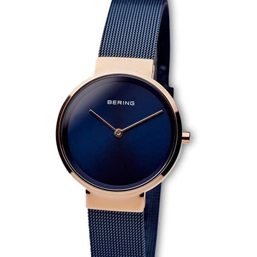 BERING 14531-367 Reloj de cuarzo para mujer con caja de acero inoxidable de 31 mm con acabado en oro rosa y esfera azul, correa milanesa, cristal de zafiro y resistencia al agua de 5 ATM