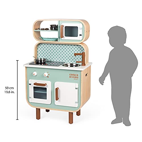 Janod - Cocina de doble cara- Cocina de madera para niños Recto-Verso - Cocina con luz y sonido - Con 7 accesorios - De 3 a 8 años, J06594