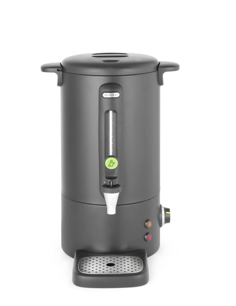 HENDI Hervidor de agua eléctrico 9L, dispensador de bebidas calientes, termo de una pared para vino, té, hasta 100°C, 230V, 50/60Hz, 950W, 307x330x(H)450mm, negro mate, acero inoxidable, PP