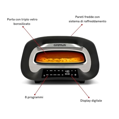 G3 Ferrari G10186 "Pronto Pizza 2 Minutos", 1700 W, Alcanza hasta 430°C, Paredes frías, Cocción en 2 minutos, Pantalla digital, 8 programas, Piedra refractaria, Accesorios y Recetario incluidos, Negro
