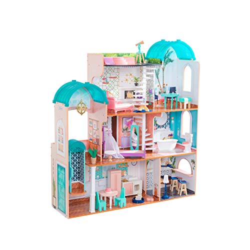 KidKraft Casa de muñecas de madera Camila con muebles y accesorios, Casita de juguete con gato, ascensor y piscina para muñecas de 30 cm, juguetes niños y niñas desde 3años (65986) Exclusivo en Amazon