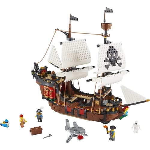 LEGO Creator 3-en-1 Barco Pirata, Isla Calavera o Taberna, Juego Creativo de Construcción con Tiburón de Juguete y Mini Figuras, Regalo para Niños y Niñas de 9 Años o Más 31109