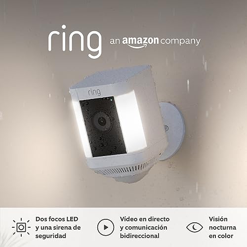 Ring cámara Plus con luces y batería (Spotlight Cam Plus) | Cámara de vigilancia exterior wifi con vídeo HD 1080p, comunicación bidireccional, visión nocturna y focos LED | 30 días gratis de Ring Home