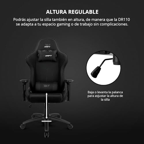 DRIFT GAMING DR110 - Silla Gaming Profesional, Tejido Fabric Alta transpirabilidad, reposabrazos 4D, Ruedas silenciosas, pistón Clase 4, inclinación, cojín Lumbar y Cervical, Color Negro
