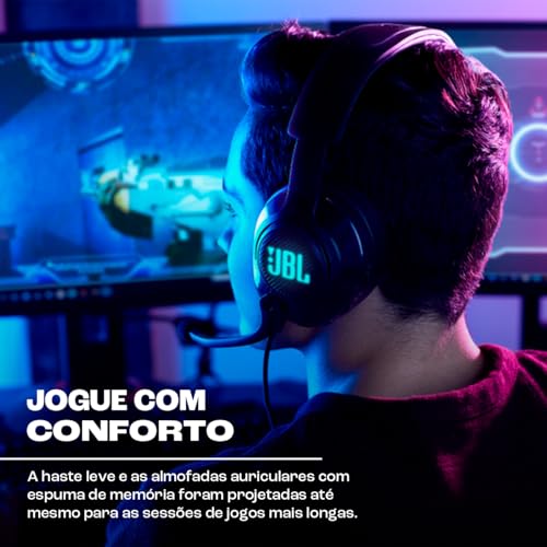 JBL Quantum 400 Auriculares para gamers con un diseño llamativo, tecnología de virtualización surround y reproducción DTS, con micrófono y RGB, compatible con múltiples plataformas, en negro