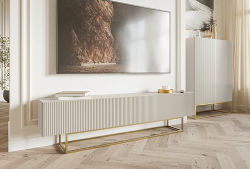 Selsey Mueble De TV Mesa De TV 175 cm con Patas Doradas con Fachada Fresada Gris Beige Veldio