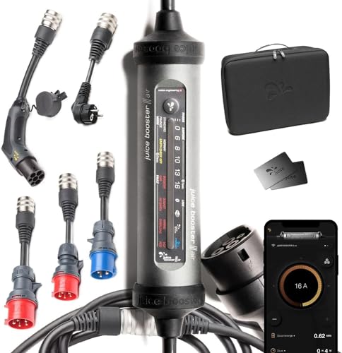 Juice Booster 3 Air Traveller Plus Set, Mobile Wallbox 11kW con App, Sin Instalación, Cargador Coche Electrico con Cable Tipo 2, Ligero e Impermeable, Incluye 3 Adaptadores CEE + EU Schuko + Tipo 2