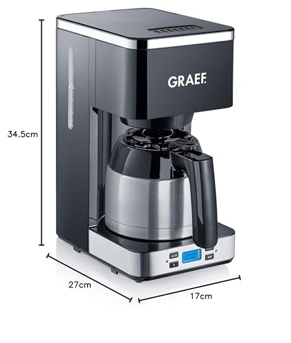 GRAEF Cafetera de filtro FK512 negra temporizador, jarra de vacío de acero inoxidable, indicador del nivel de agua, desconexión automática y optimización del sabor gracias al gran cabezal de infusión