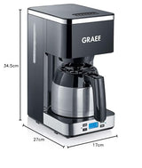GRAEF Cafetera de filtro FK512 negra temporizador, jarra de vacío de acero inoxidable, indicador del nivel de agua, desconexión automática y optimización del sabor gracias al gran cabezal de infusión