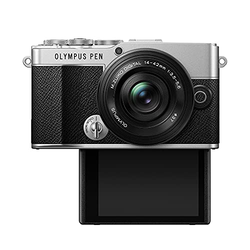 Kit de cámara Olympus Pen E-P7 Plata, Sensor de 20 MP, LCD de Alta definición abatible, 4K, Wi-Fi, Control de Perfil Monocromo y del Color. Incluye M.Zuiko Digital ED 14-42 mm EZ Negro