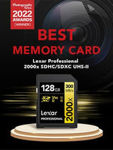 Lexar Professional 2000x Tarjeta SD 128GB, SDXC UHS-II Tarjeta de Memoria sin Lector, hasta 300MB/s de Lectura, Class 10, U3, V90 SD para DSLR, cámaras de Video en Calidad de Cine (LSD2000128G-BNNAG)