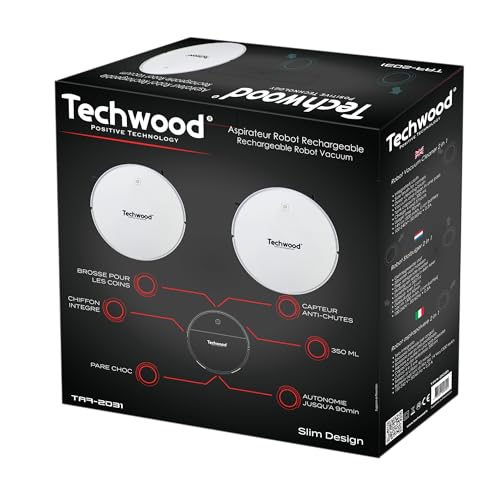 TECHWOOD TAR-2021 Robot Aspirador y Limpiador 2 en 1, 450Pa, Tanque 350mL, Batería 90min, Negro