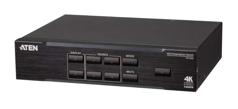 True 4K Presentation Matrix Switch ATEN VP1420 HDMI VGA Audio incrustación/desincrustación de hasta 4096 x 2160@60Hz (4:4:4) (HDMI); HDR, escalado de video a 4K, HDMI 2.0 (3D, Deep Color, 4K); HDCP