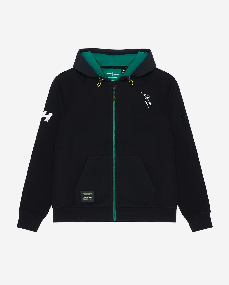 KIMOA - Sudadera Aston Martin F1 2024 Fernando Alonso - Sudadera Hombre con Capucha, Sudadera Cremallera Hombre - XS - Negra - Tejido Reciclado