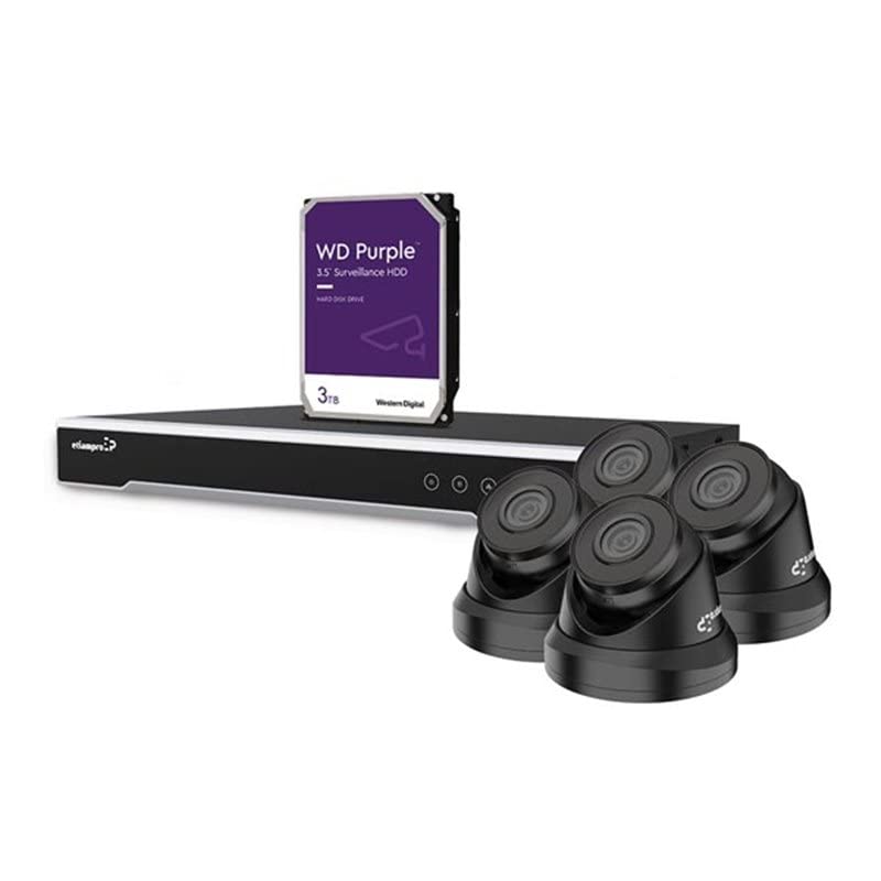 EtiamPro Kit de videovigilancia HD con 4 cámaras IP Negras, Grabador de Red (NVR) PoE de 8 Canales y Cables CAT6 de 20 m, Disco Duro de 3 TB, Ampliable con cámaras IP