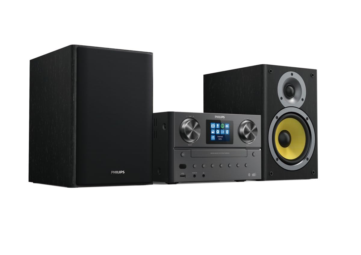 Philips TAM8905 Sistema de música Micro 100W, Bluetooth, Spotify Connect, Radio por Internet, Dab+, CD, USB, Altavoces Bass-Reflex, Control Digital de Sonido, diseño clásico con Pantalla a Color