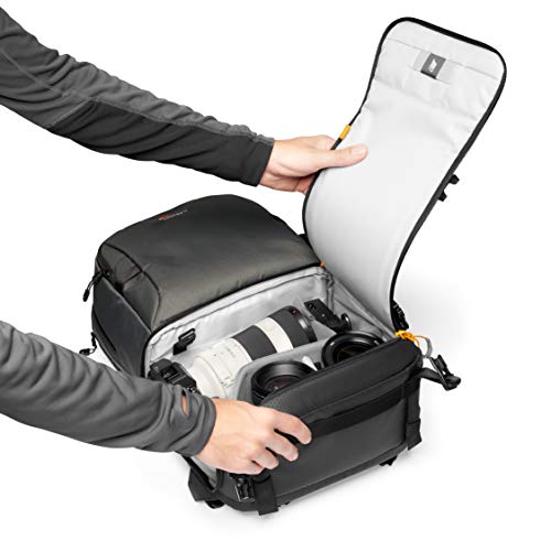 Lowepro Fastpack BP 250 AW III - Mochila para Cámara Refelx DSLR Sin Espejo, con Acceso QuickDoor, Compartimento Para Portátil de 13”, Para Cámaras Nikon D850, 300D Ripstop, Color Gris