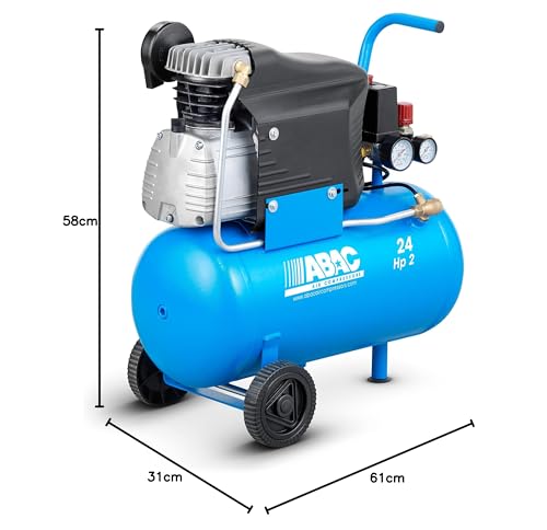 ABAC Pole Position L20 Compresor de Aire, 24 Litros Compresor de Aire, Manómetro Doble, Presión Max. 10 Bar, Inyección de Aceite, Ruedas de Transporte, Potencia 2 HP Azul Claro