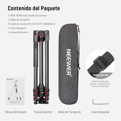 NEEWER 66"/168cm Trípode de Fibra Carbono para Cámara Cabeza de Bola Panorámica 360°,Placa Arca QR 1/4",Bolsa Portátil,Monopié Trípode Viaje Compacto Videocámara DSLR,Carga Máxima 26.5lb/12kg,N55C
