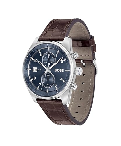 BOSS Reloj Cronógrafo de Cuarzo para Hombre Colección SKYTRAVELLER con Correa de Cuero Marrón Oscuro - 1514194