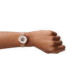 Fossil Carlie Reloj para mujer, movimiento automático con malla de acero inoxidable o correa de piel, Blanco y oro rosa, 28MM