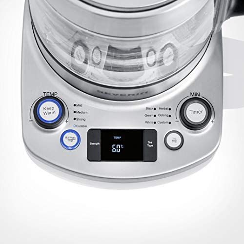 SEVERIN - Hervidor de té y agua de cristal con elevación automática, 1.7 L, 3000 W, Elemento calefactor oculto por placa de acero inoxidable, acero inoxidable y cristal, WK 3422