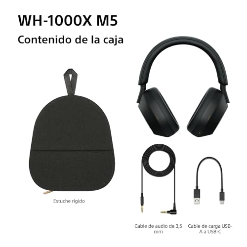 Sony WH-1000XM5 Noise Cancelling, Auriculares de diadema Bluetooth, Llamadas cristalinas, Hi-Res, 360 Reality Audio, 30 h de batería, Carga rápida, Incluye Funda rígida, iOS, Android - Negro