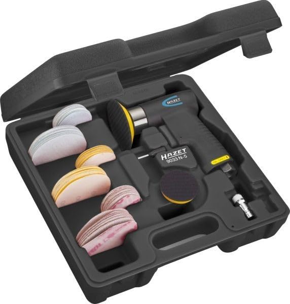 Hazet Juego de mini lijadoras orbitales 9033N-5, 36 piezas incl 2 discos lijadores de 50 mm y 76,2 mm con 10 almohadillas lijadoras cada uno y una llave de ajuste