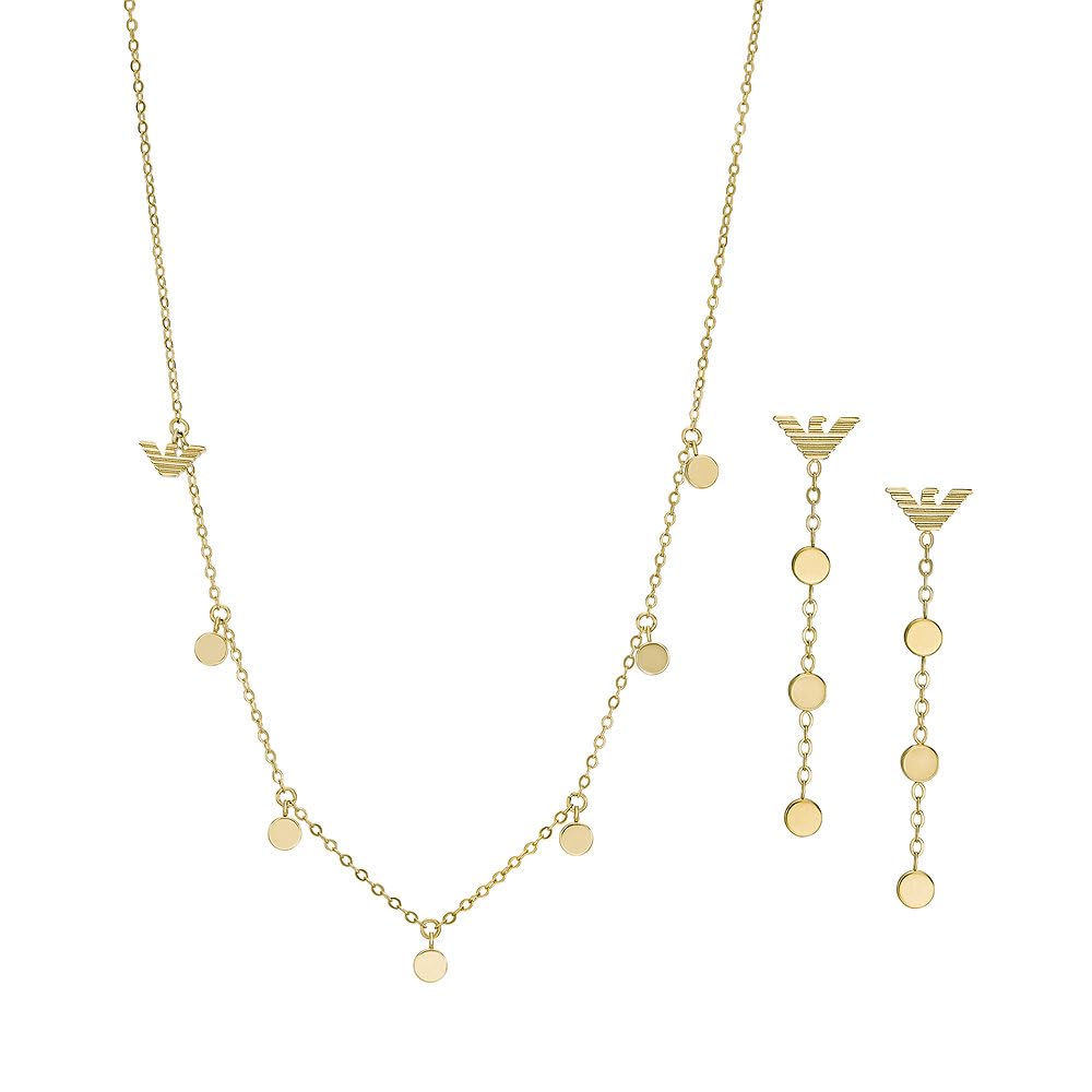 Emporio Armani Juego de collar y pendientes de acero inoxidable o latón para mujer, Conjunto de tono dorado claro