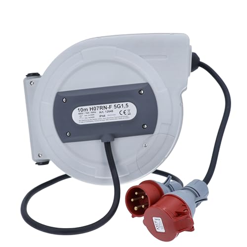 as - Schwabe CEE Carrete de cable retráctil automático 15 m H07RN-F 5G2,5-400V/16A/5 polo - Enrollador de manguera - 180° Giratorio - 1 m de cable de conexión - desmontable - para exterior, 12649