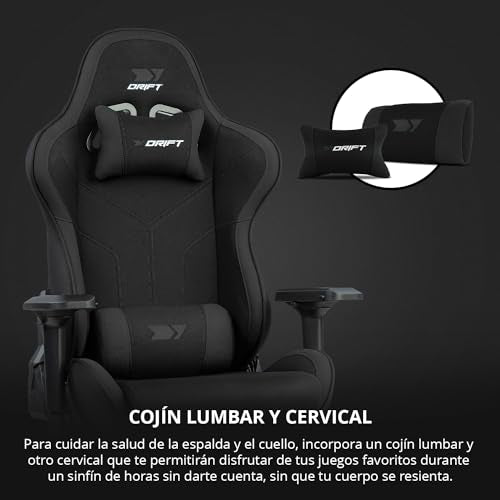 DRIFT GAMING DR110 - Silla Gaming Profesional, Tejido Fabric Alta transpirabilidad, reposabrazos 4D, Ruedas silenciosas, pistón Clase 4, inclinación, cojín Lumbar y Cervical, Color Negro