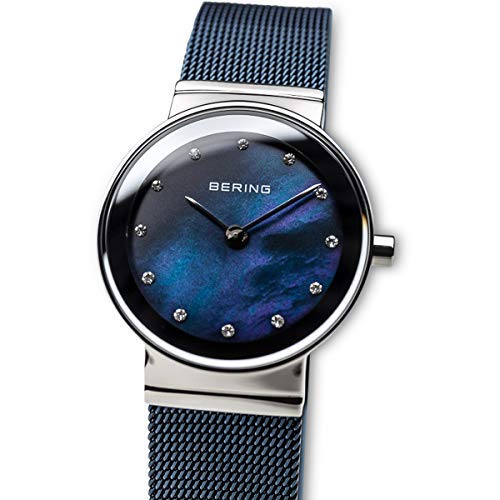 BERING 10126-307 Reloj de cuarzo para mujer con caja de acero inoxidable plateado de 26 mm y esfera azul, correa milanesa, cristal de zafiro y resistencia al agua de 5 ATM