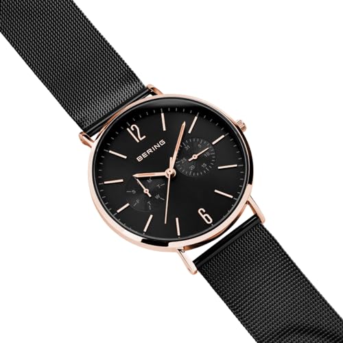 BERING 14240-163 Reloj de cuarzo para hombre con caja de acero inoxidable de 40 mm con acabado en oro rosa y esfera negra, correa milanesa, cristal de zafiro y resistencia al agua de 3 ATM
