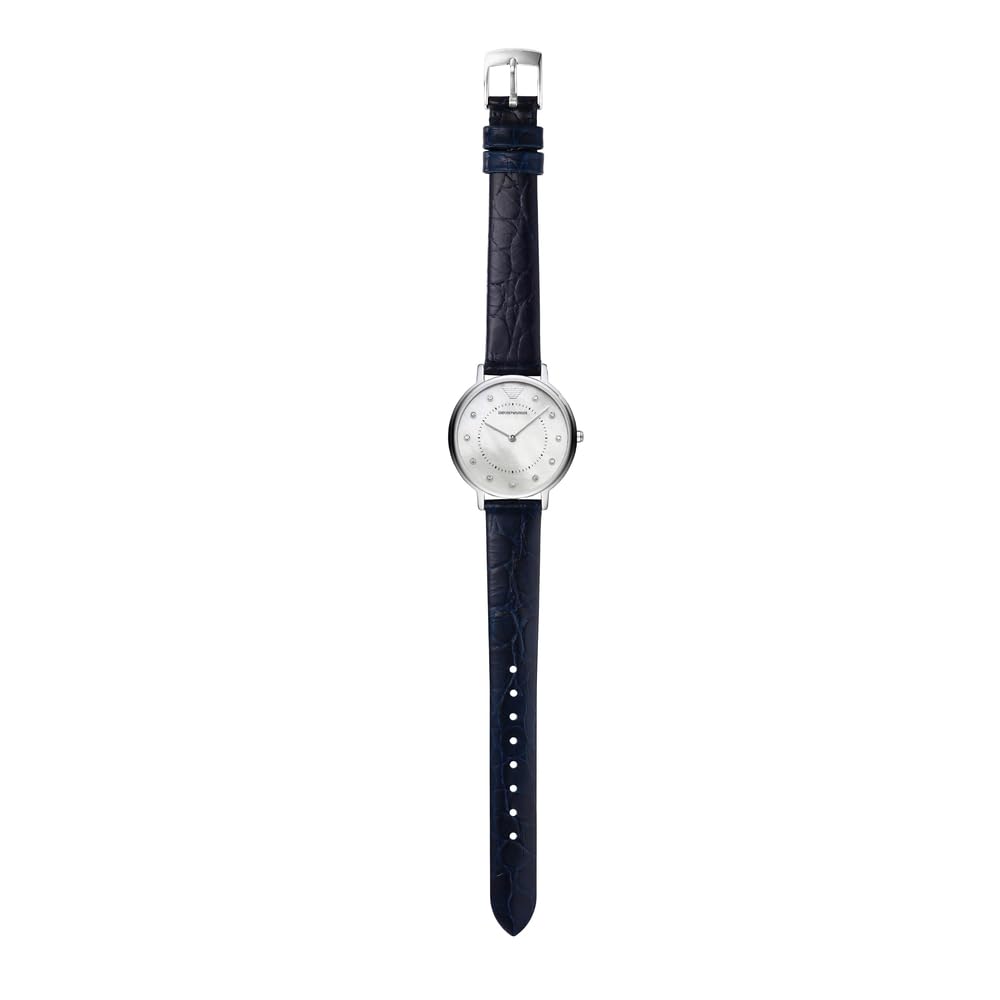 Emporio Armani Reloj de mujer, movimiento de dos manecillas, caja de acero inoxidable plateado de 32 mm con correa de piel, AR11095, Azul marino y blanco roto