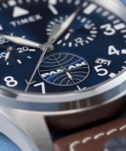 Timex Chronograph - Reloj de 42 mm para hombre, cuero marrón, esfera azul, caja de acero inoxidable TWG030000