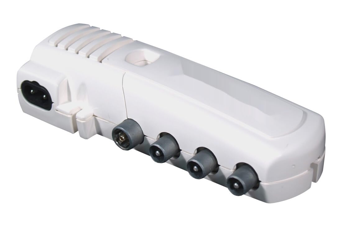 Amplificador MATV de vivienda 1E-4S+TV, potencia de amplificación ajustable, mejora la señal de televisión y distribución en interiores.