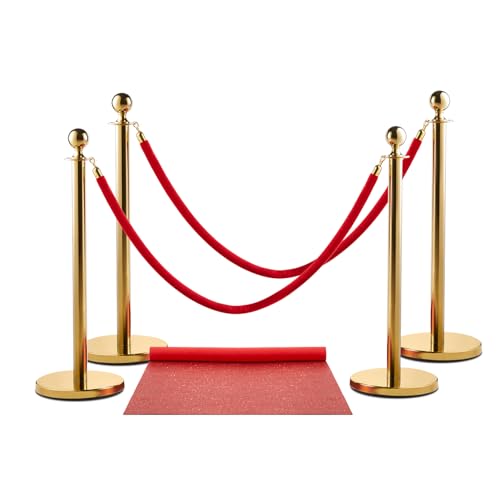 Zink Paquete de Alfombra Roja Zink - 4 Postes Dorados de Acero Inoxidable de 90 cm con Cuerda de Terciopelo de 1,5 m para Fiestas, fotomatones, Bodas, teatros, etc.