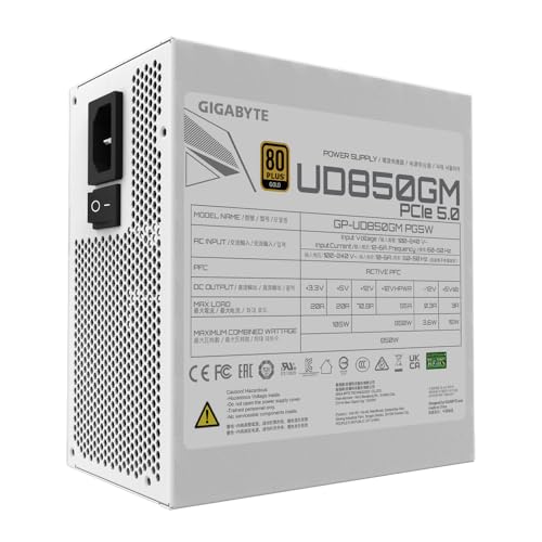 GIGABYTE UD850GM PG5W Fuente de Alimentación - PCIe 5.0, 80 Plus Gold, Diseño Totalmente Modular, Ventilador de 120 mm, Compatible con ATX 3.0, Enchufe EU