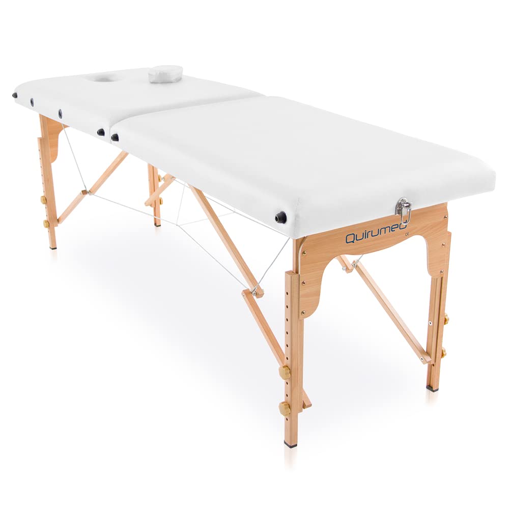 QUIRUMED Camilla Plegable de Masaje, Madera, Basic, 180 x 60 cm, Camilla portátil, Camilla Fisioterapia, Camilla estética, Camilla SPA, Color Blanco, hasta 120 kg